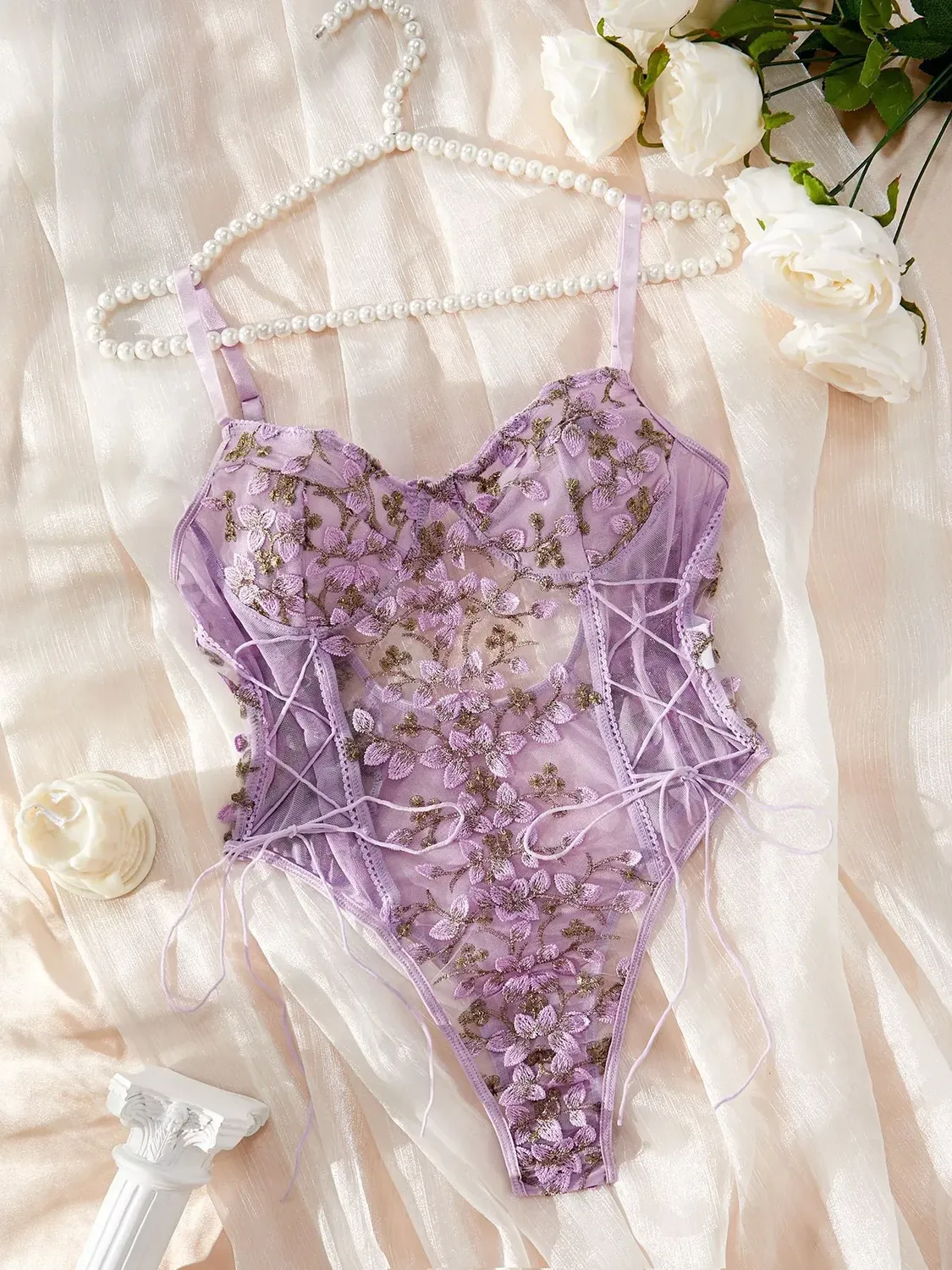 Lavender Floral Sweetheart Neck Bodysuit - NEWME