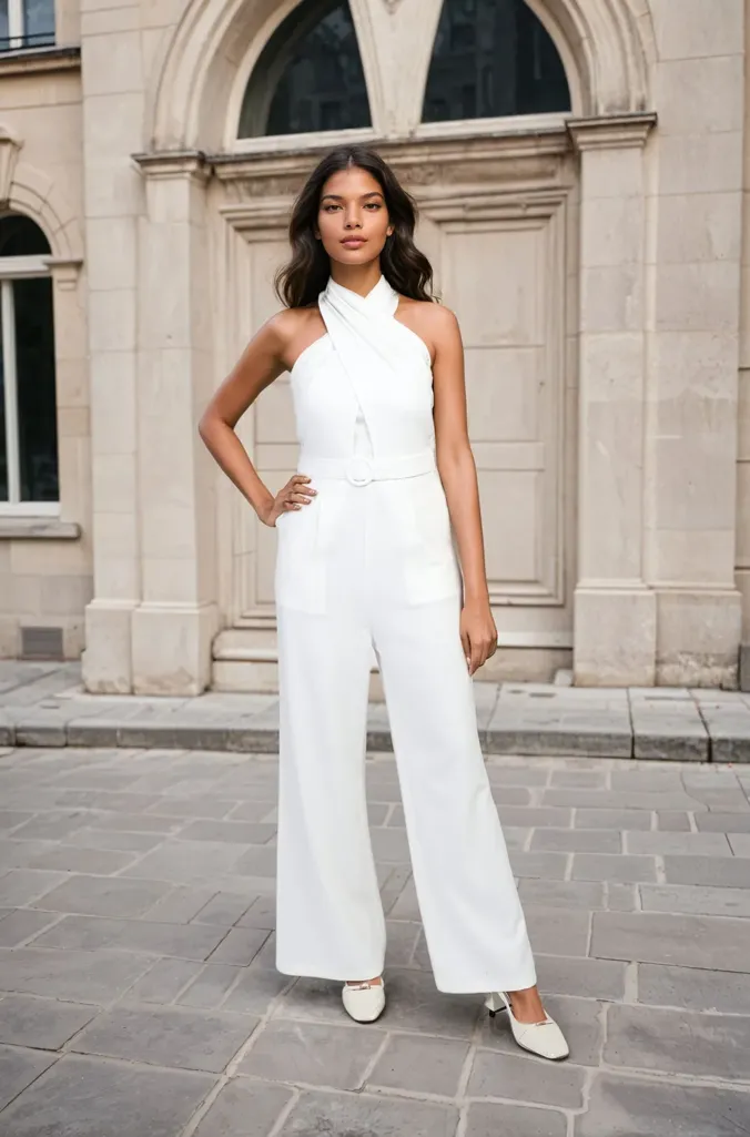 Kiara Advani Inspired White Cross Neck Jumpsuit With Belt - Image 1