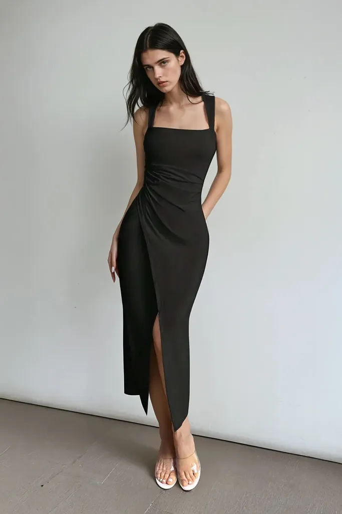 Black Draped Square Neck Dress - Image 1