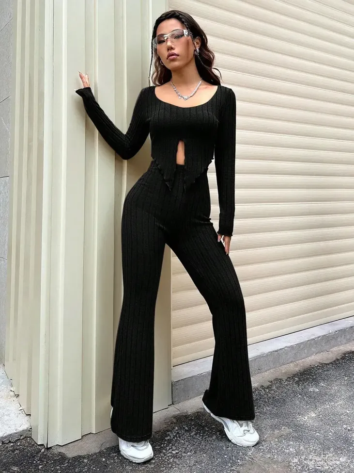 Black Solid Ribbed Co Ord Set - Image 1