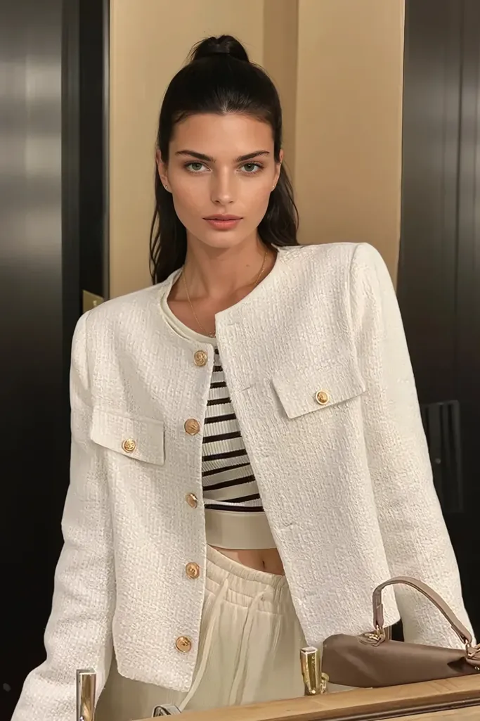 White Textured Round Neck Jacket - Image 1