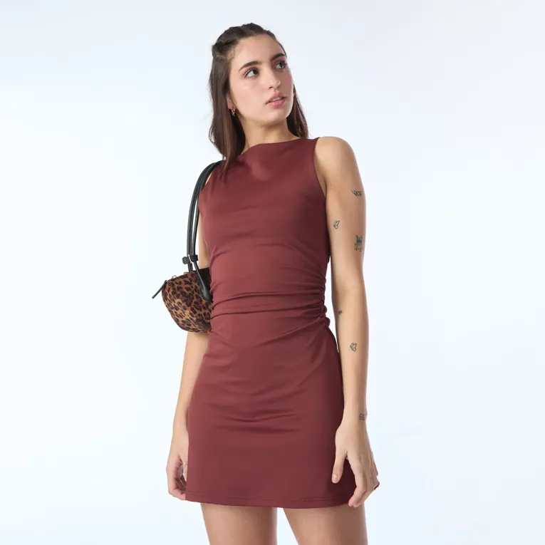 Dark Brown Ruched Waist A-Line Sleeveless Dress - Image 1