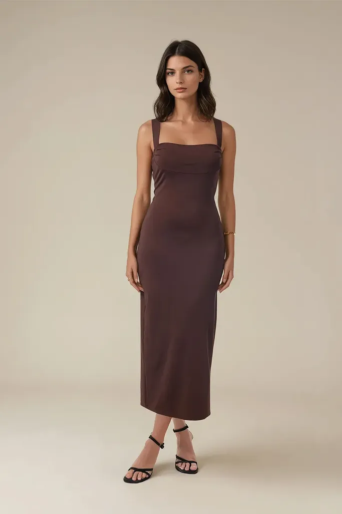 Brown Solid Strappy Maxi Dress - Image 1