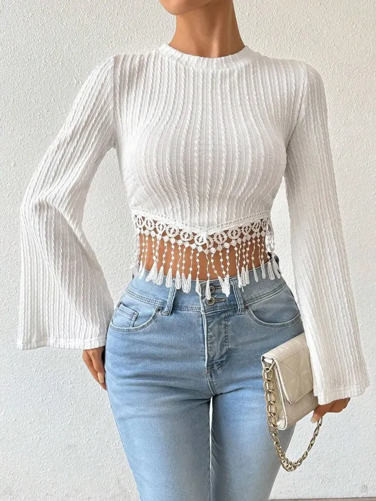 White Textured Crop Top - Image 1