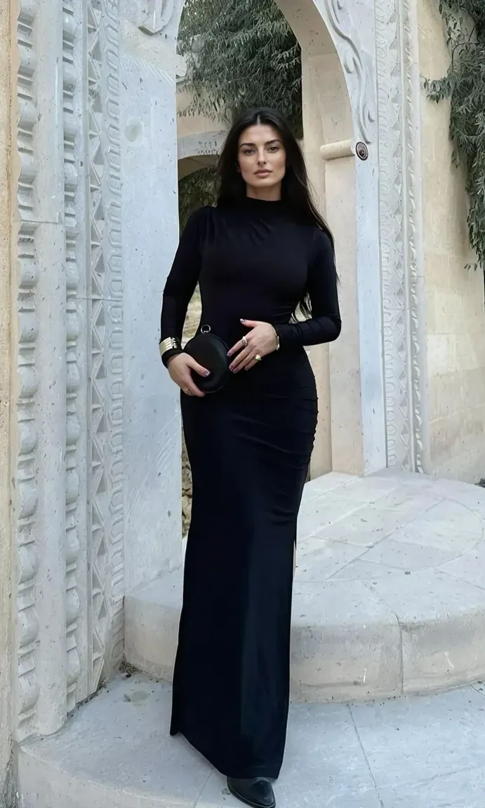 Black Solid High Neck Gown - Image 1