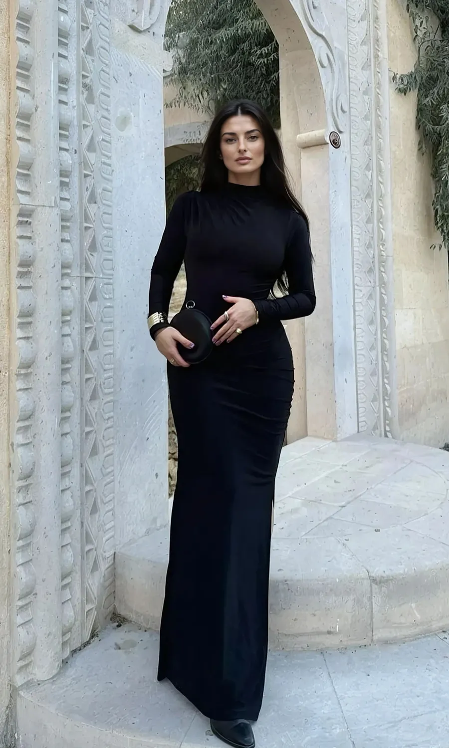 Black Solid High Neck Gown