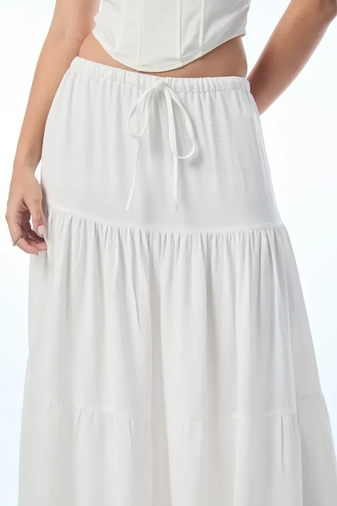 White Solid Tiered Maxi Skirt - NEWME