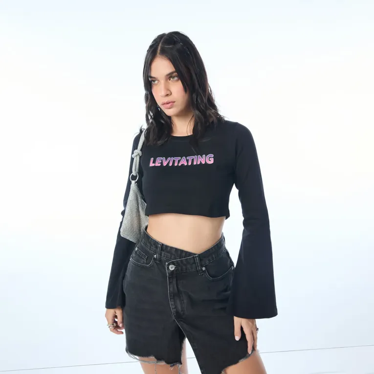 Black Flared Sleeves Typography Crop Top - Image 1