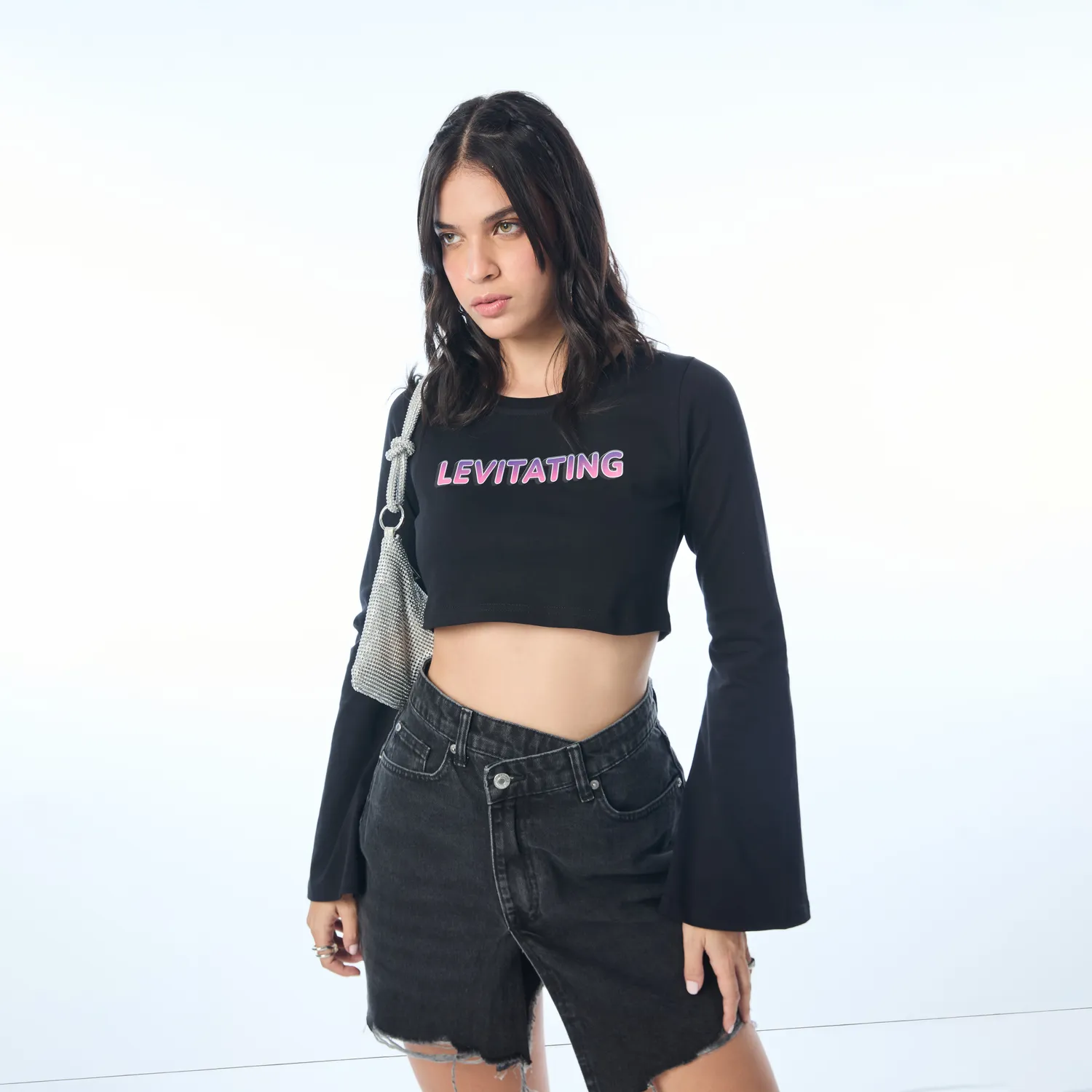Black Flared Sleeves Typography Crop Top