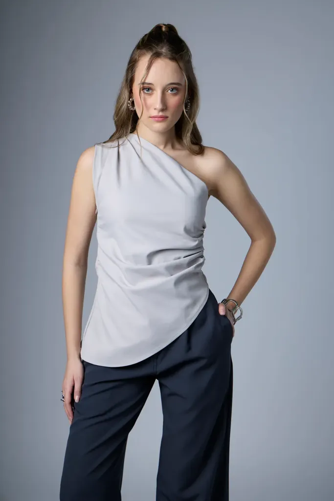 Light Grey Solid One Shoulder Asymmetric Hem Top - Image 1