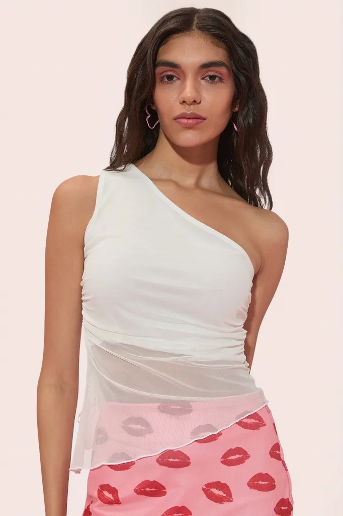 White Solid One Shoulder Top