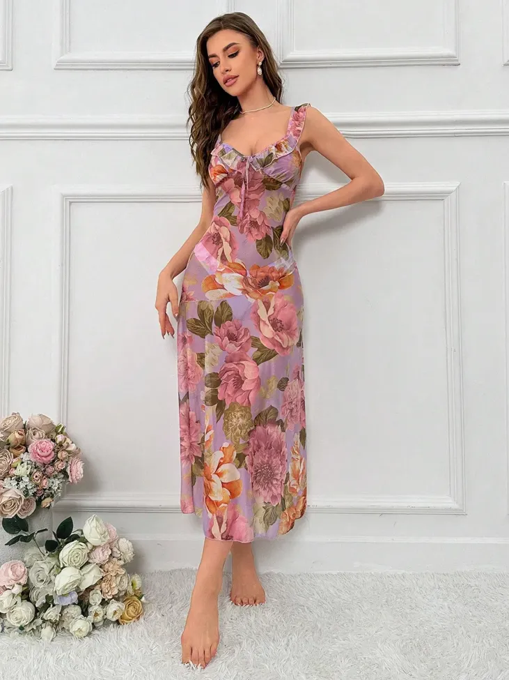 Lilac Floral Ruffle Detail Slip Dress - Image 1