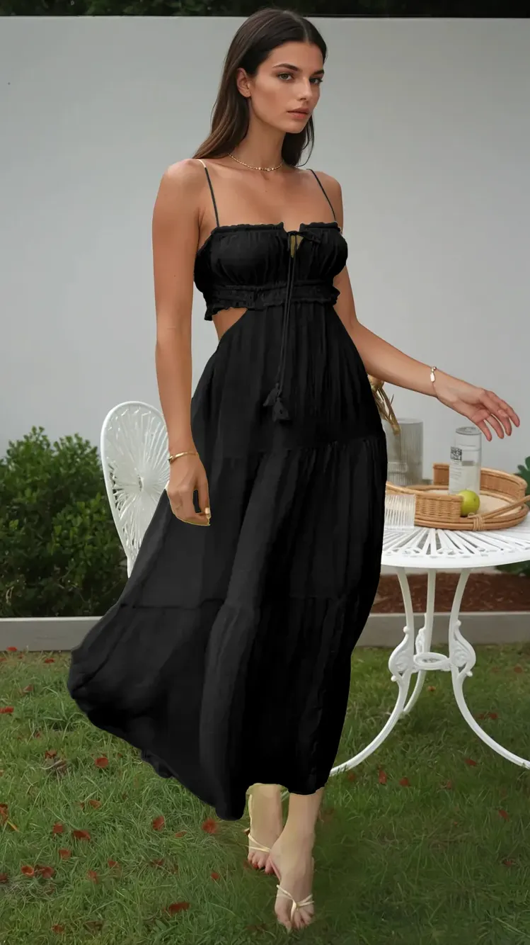 Black Spaghetti Strap Tiered Dress - Image 1