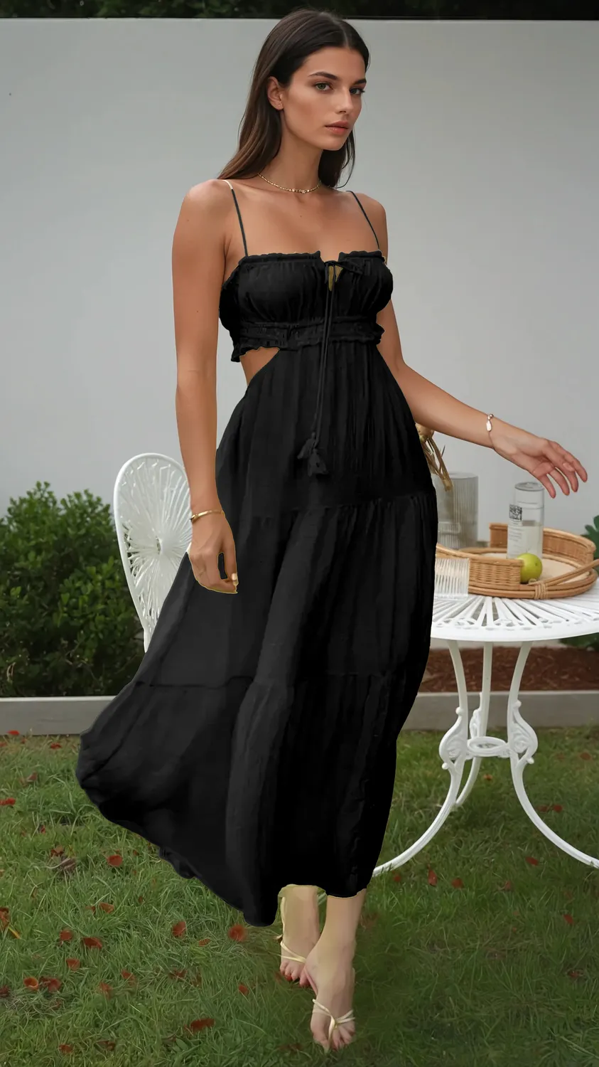 Black Spaghetti Strap Tiered Dress