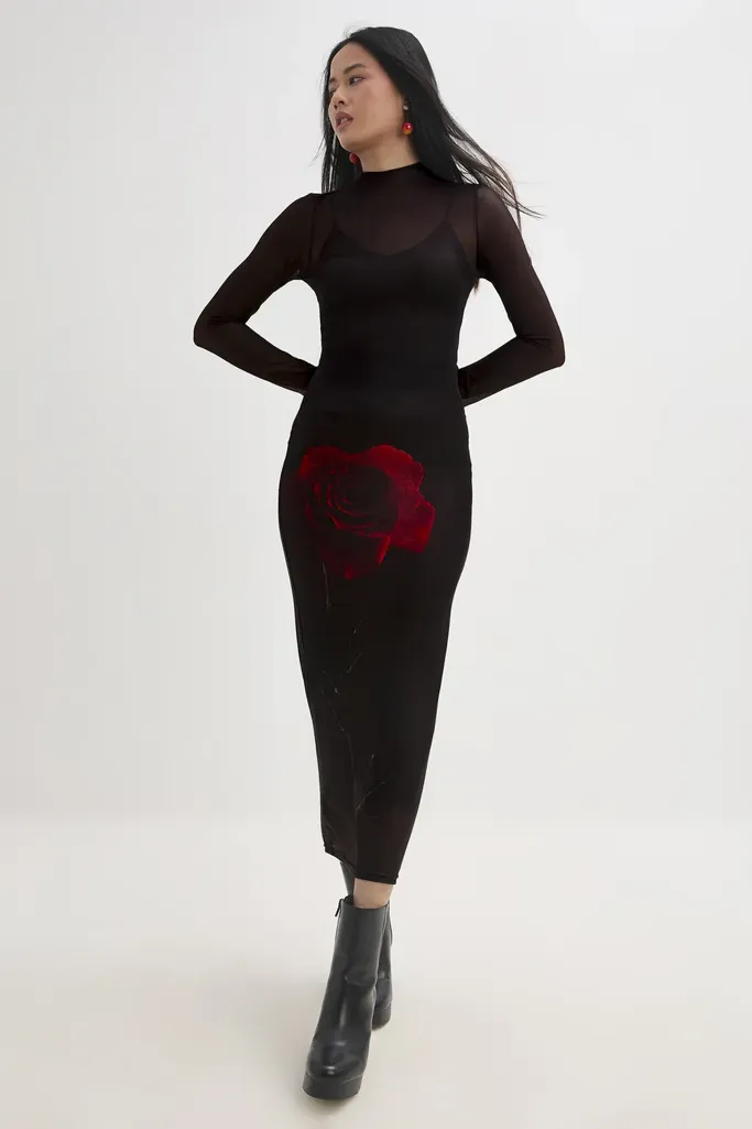 Black Rose Printed Tulle Dress - Image 1