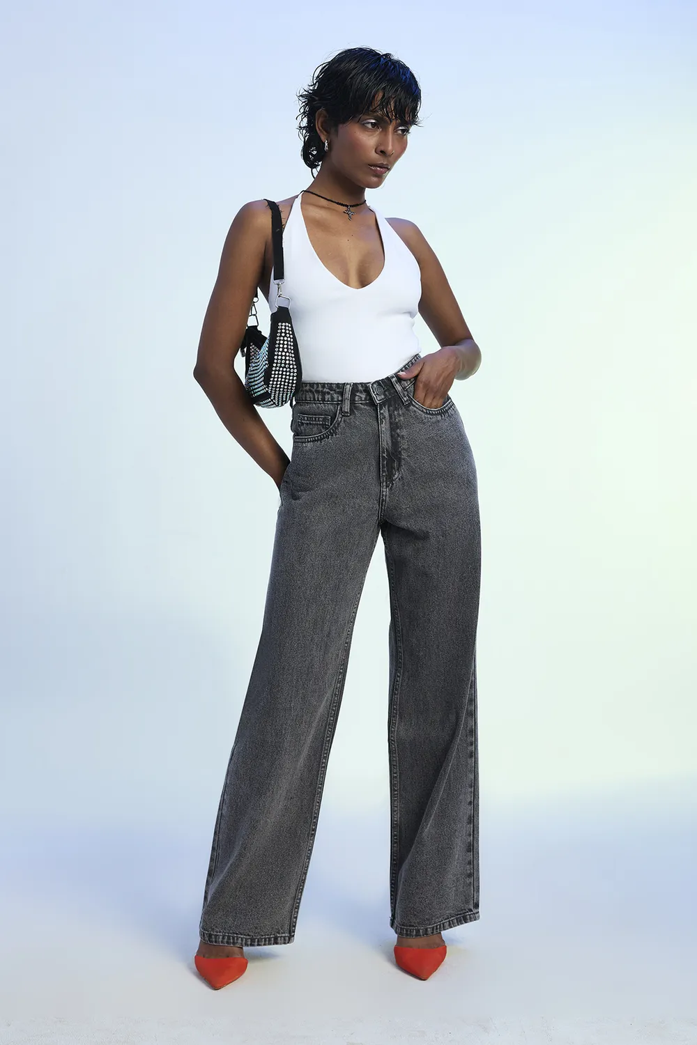 Light Grey Faded Mid-Rise Wide Leg Denim Jeans