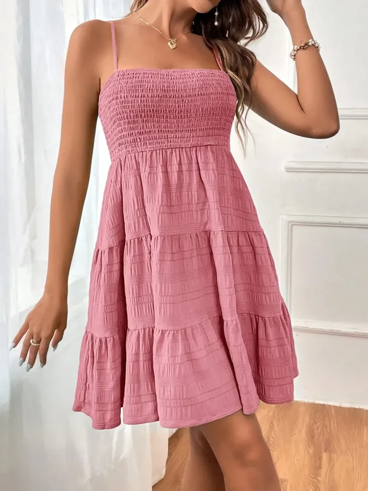 Light Pink Solid Mini Tiered Dress - Image 1