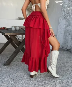 Red Layered Fit Flare Maxi Skirt - NEWME