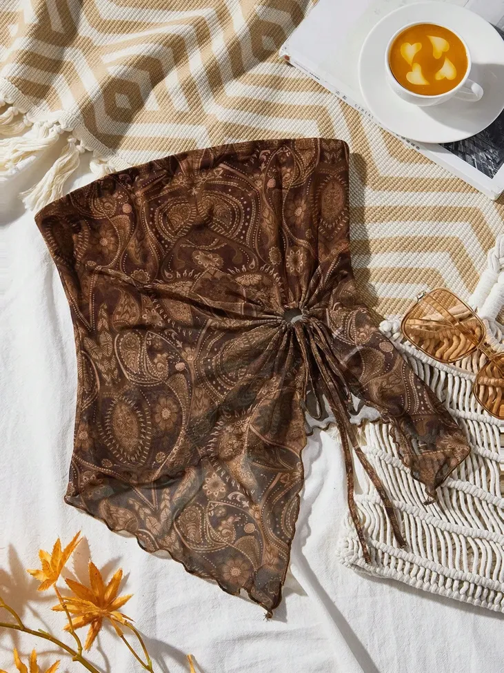Brown Paisley Print Tube Crop Top - Image 1