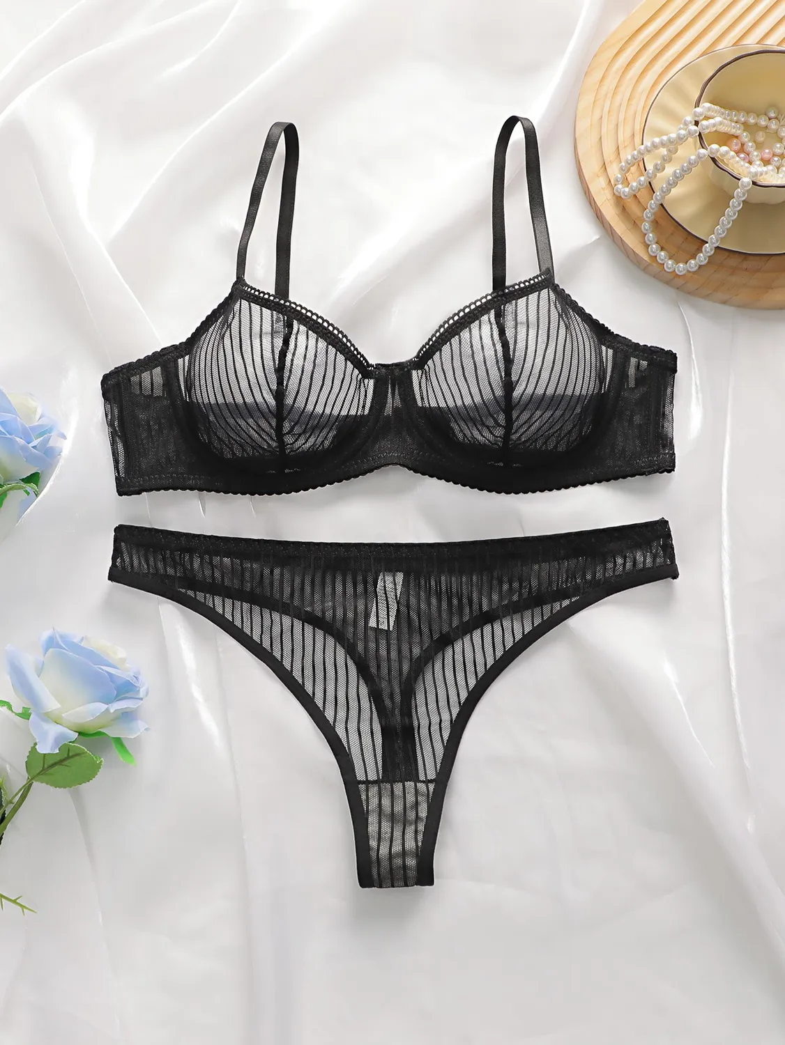 Black Mesh Striped Matching Set