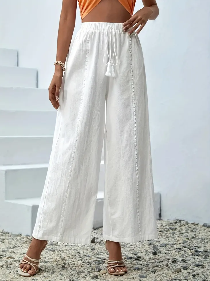 White Loose Fit Drawstring Pants - Image 1
