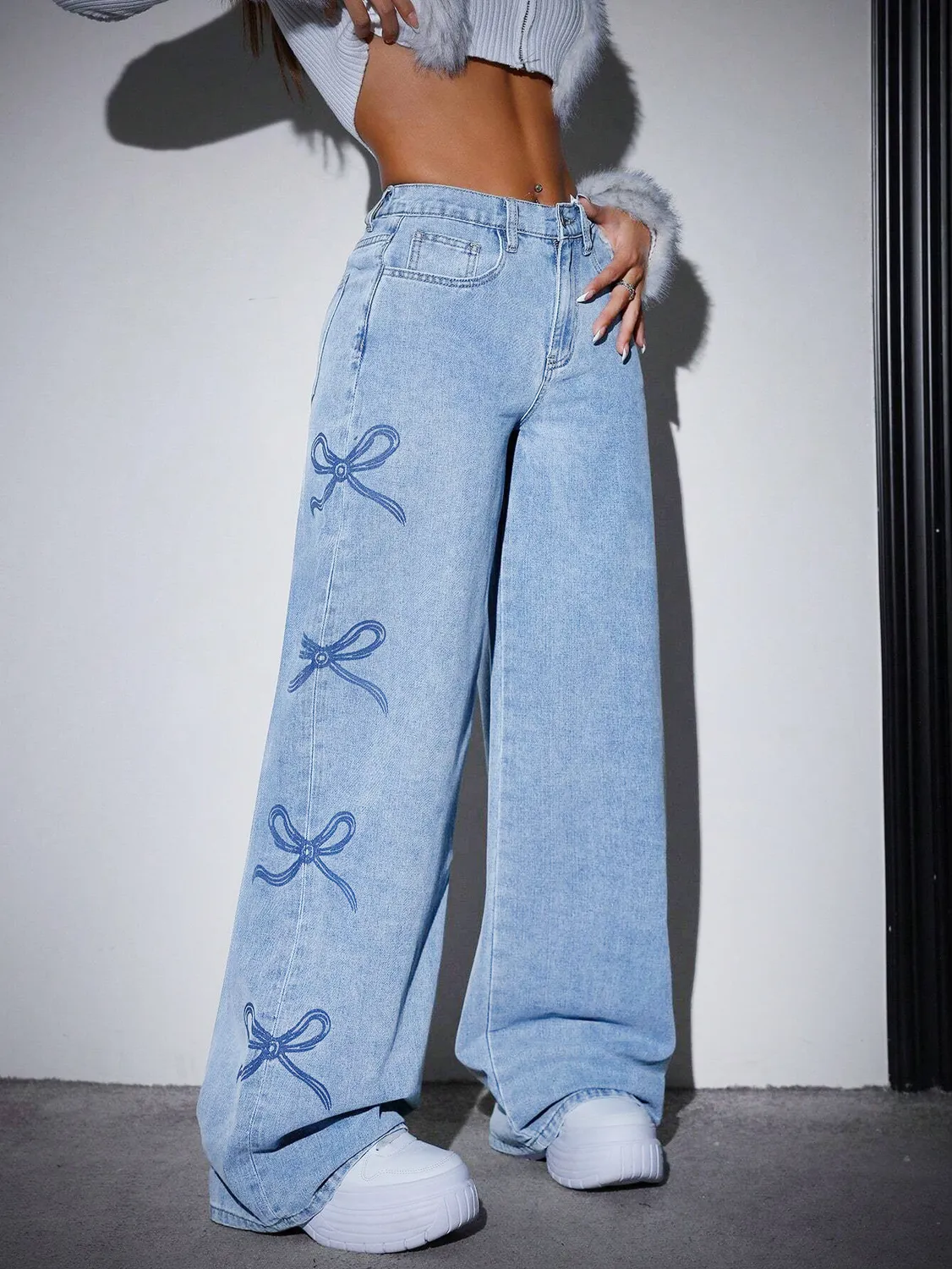 Super High Rise Tie Waistband Wide Leg Jeans