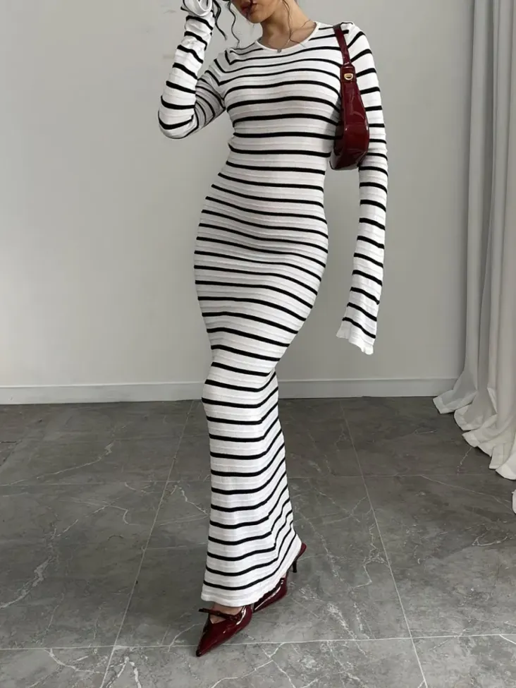 White Striped Maxi Bodycon Dress - Image 1