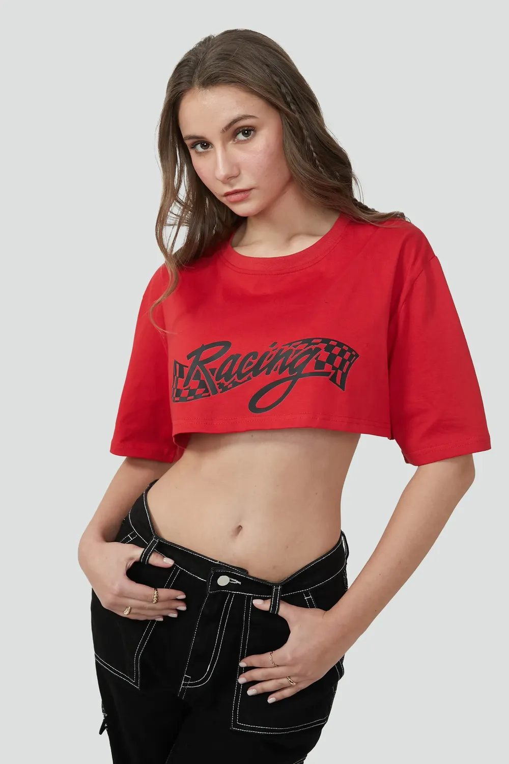 Tシャツ・カットソー [MATINKIM]dusty type graphic crop top in red Matin Kim] DUSTY TYPO GRAPHIC CROP TOP IN RED 正規品 韓国