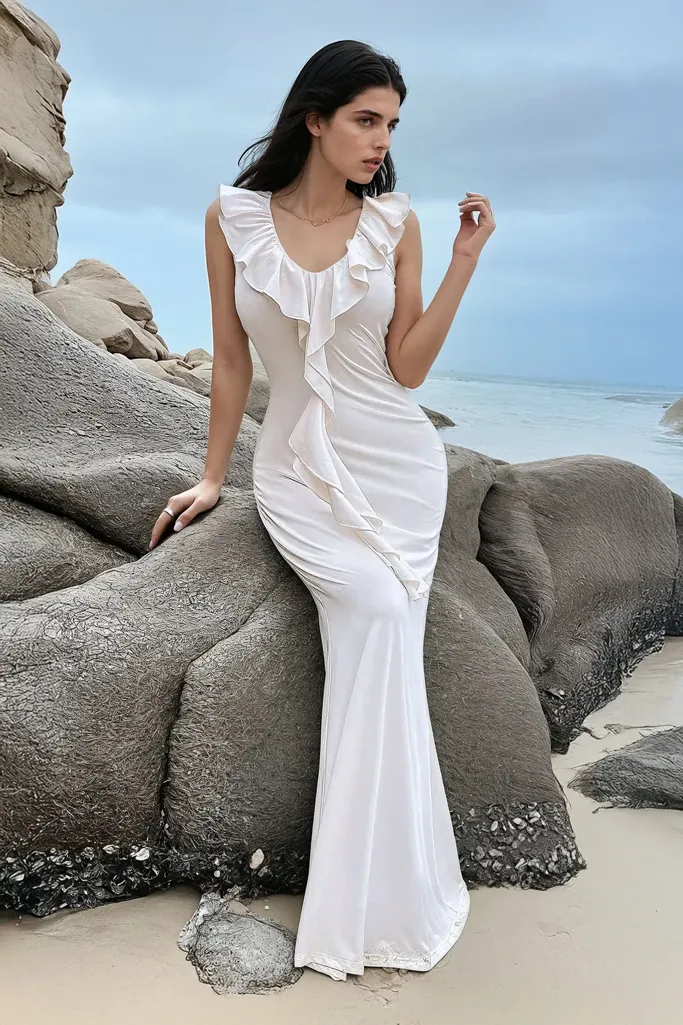 White Ruffle Trim Neckline Maxi Dress - Image 1