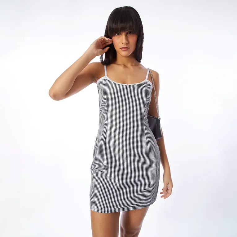 Black Gingham Mini Dress - Image 1