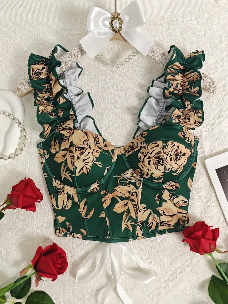 Dark Green Floral Ruffle Strap Corset - Image 1