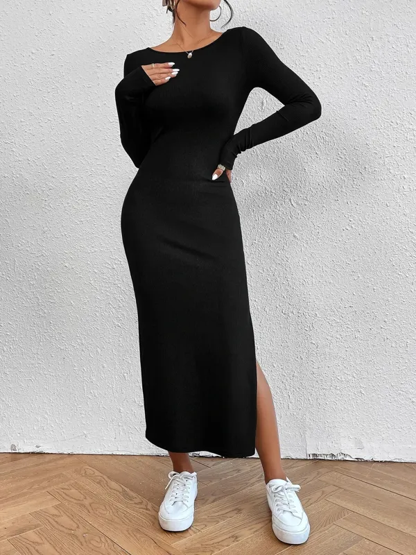 Black Round Neck Bodycon Dress - NEWME