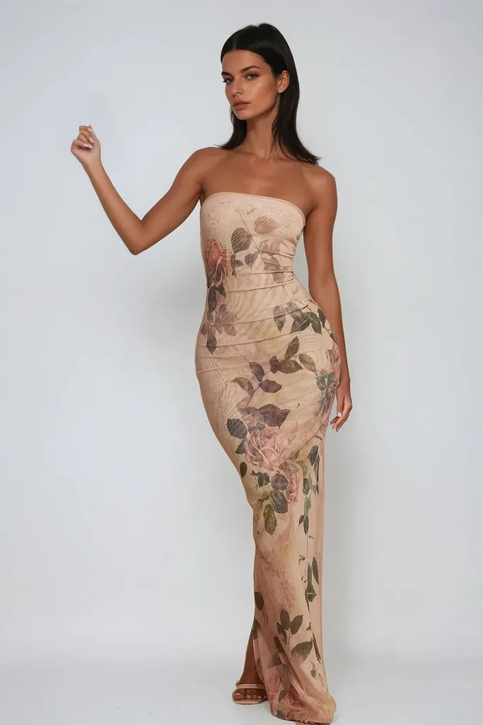 Beige Floral Bodycon Maxi Dress - Image 1
