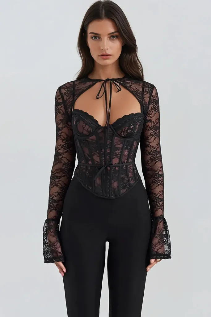 Black Lace Sweetheart Neck Corset Top - Image 1