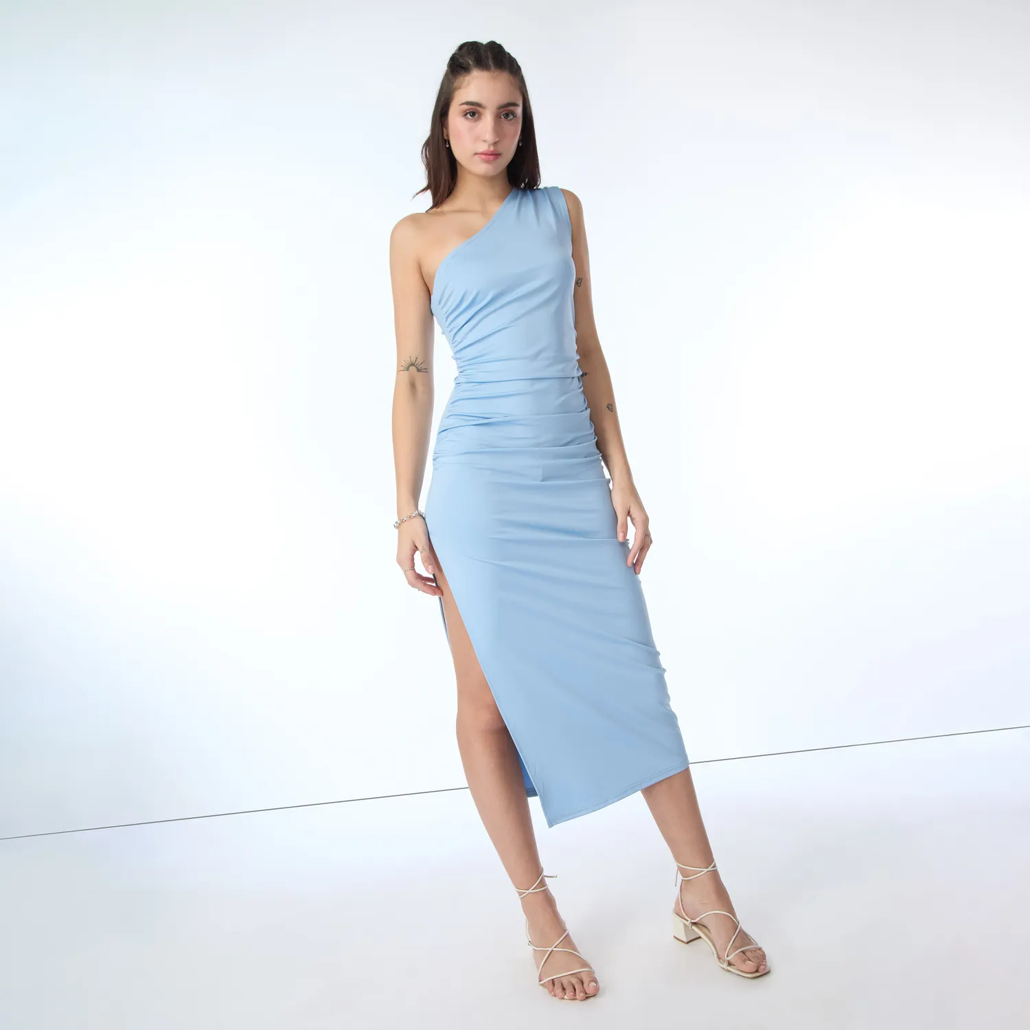 Sky Blue One Shoulder Bodycon Ruched Dress