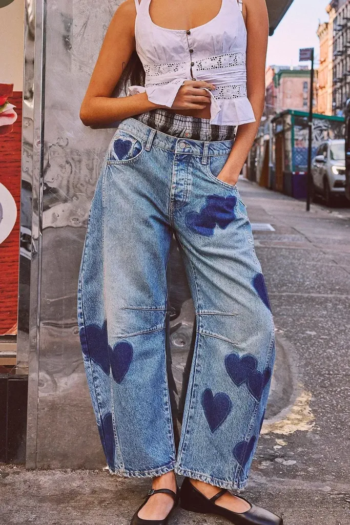 Blue Heart Print Mom Fit Jeans - Image 1