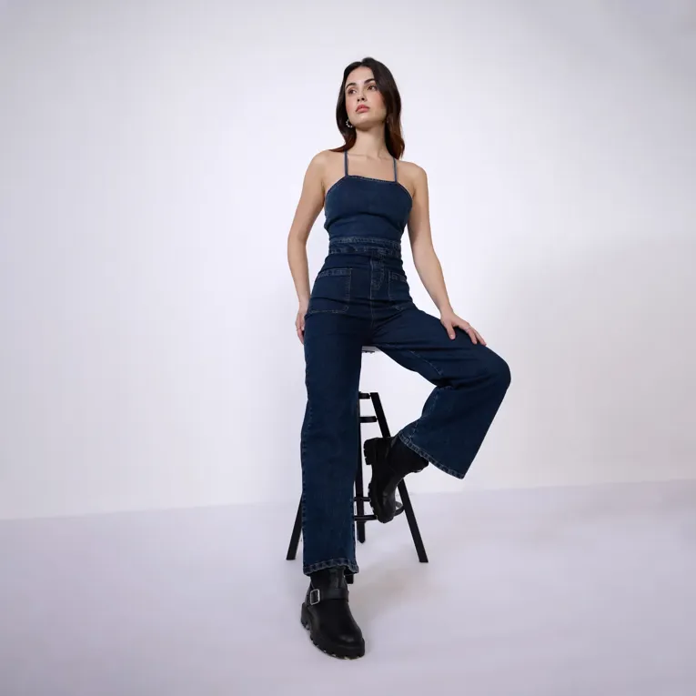 Navy Blue Back Tie Up Denim Jumpsuit - Image 1