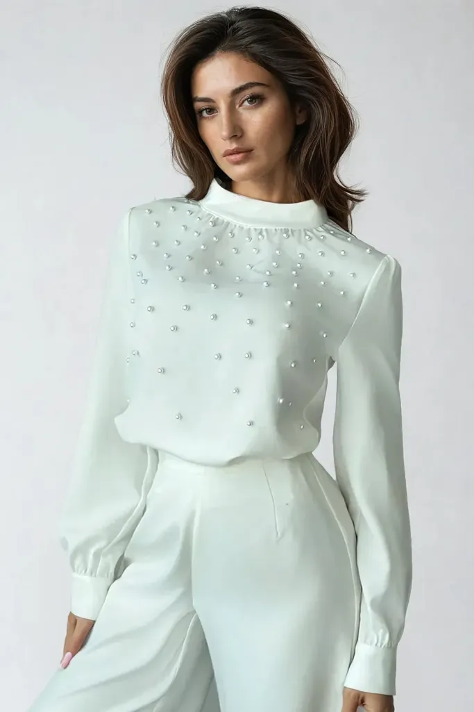 White Embellished Mock Neck Top - Image 1
