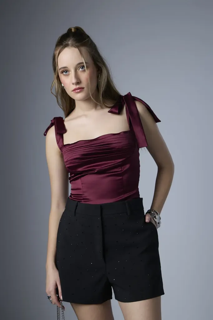 Burgundy Shoulder Tie Up Satin Top - Image 1