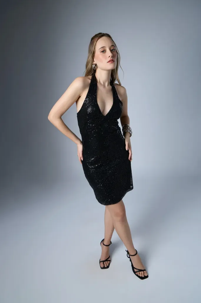 Black Sequinned Halter Neck Mini Dress - Image 1