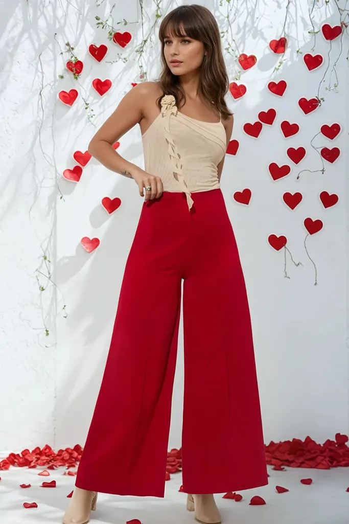 Red Solid Flared Trouser - Image 1