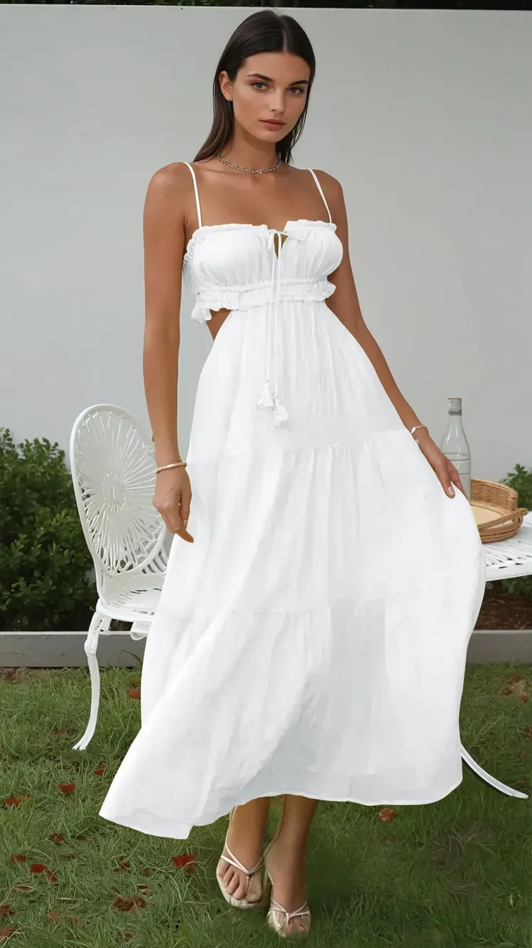 White Spaghetti Strap Tiered Dress - Image 1