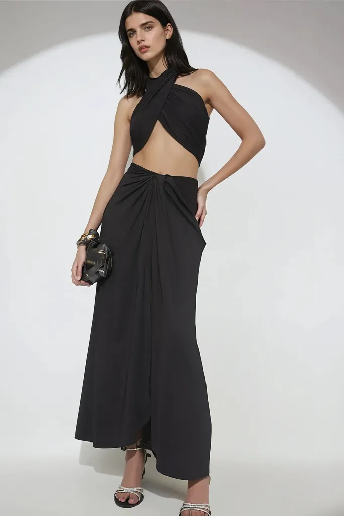 Black Solid Halter Neck Top Maxi Co-Ords - Image 1