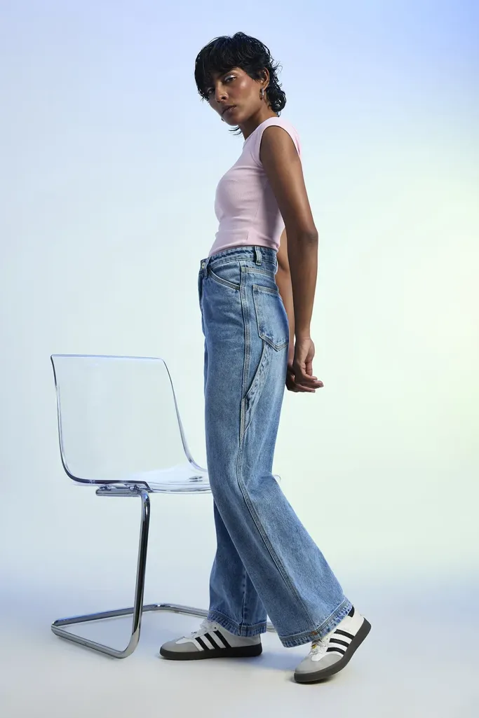 Blue Wide Leg Full Length Jeans With Cross Pockets - Image 1
