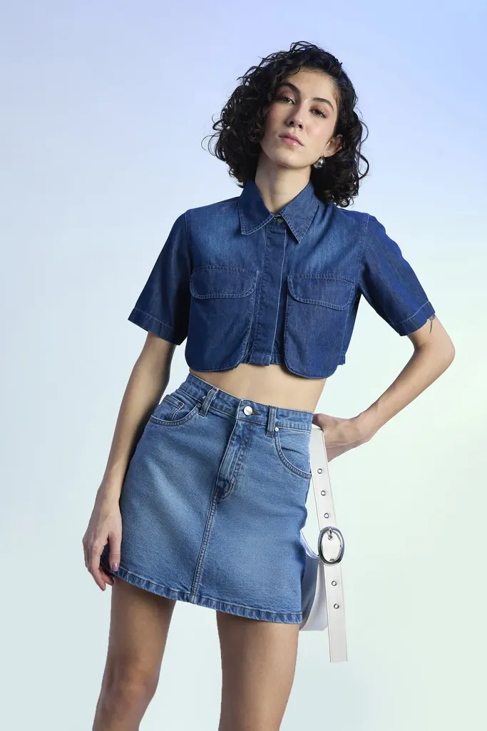 ワンピース Lettering Denim Mini Skirt Indigo Blue Indigo Turn Up Denim Mini Skirt | Denim | PrettyLittleThing USA