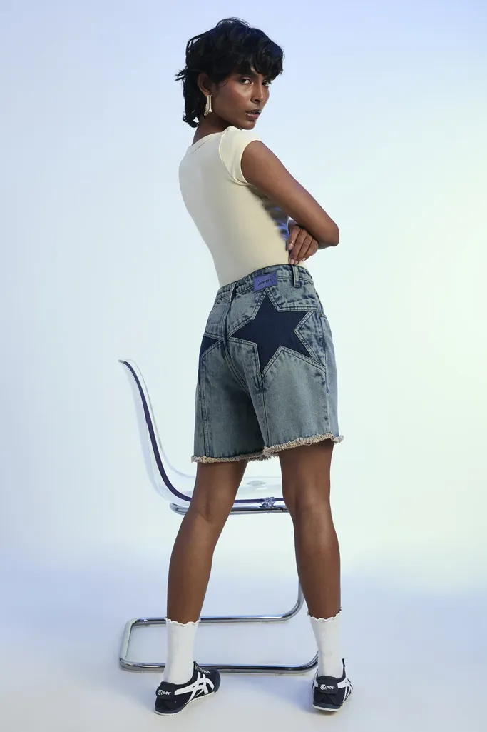 Blue Indigo Washed Denim Shorts With Freyed Edges - Image 1