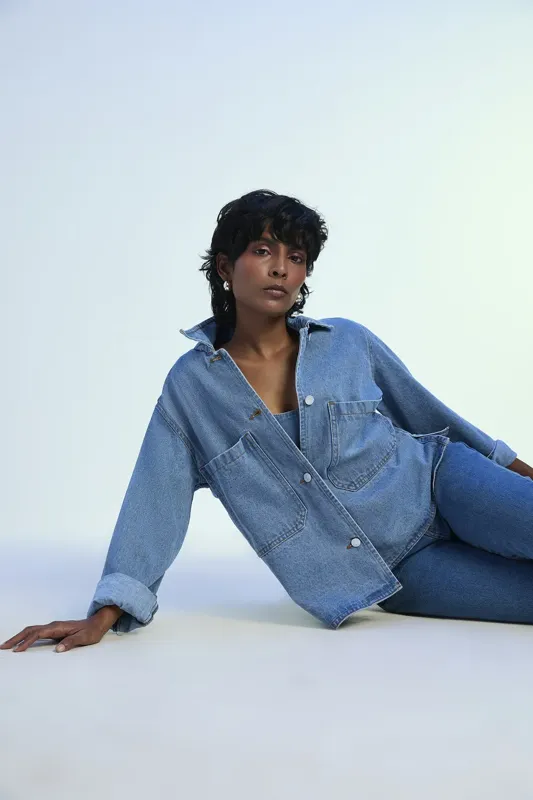 Light Blue Oversized Denim Jacket Oversized Pockets With Front
