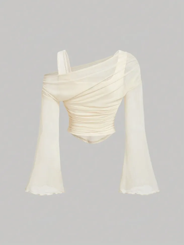 Cream Solid Ruched Detail Crop Top - Image 1