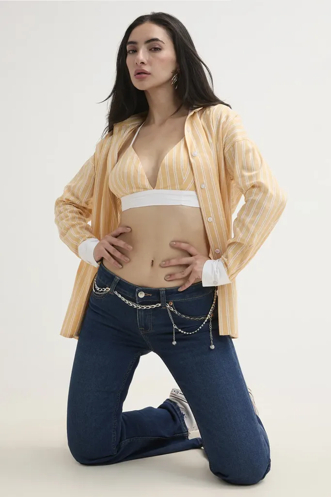 Peach Checkered Shirt With Bralette - Image 1