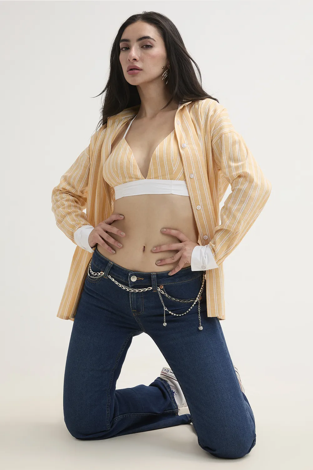 Peach Checkered Shirt With Bralette